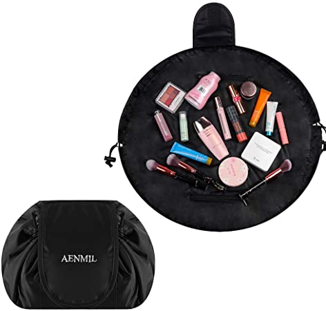 Cosmetic Bag Drawstring Quick Makeup Bag Travel Toiletry Organizer Large Capacity Flat Round Lazy bag Waterproof Storage Pouch Bag for Women Ladies Quick Pack(Black)