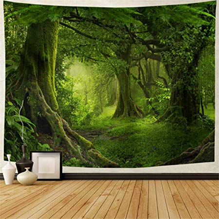 Lahasbja Virgin Forest Tapestry Green Tree in Misty Forest Tapestry Wall Hanging Nature Scenery Wall Tapestry Decor for Living Room Bedroom