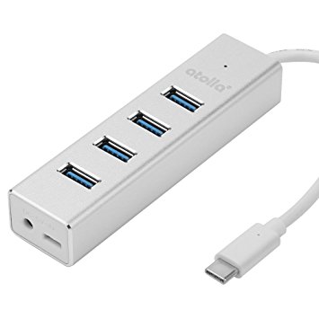 4Port USB Type C Hub Adapter - atolla CH402 USB to USB C OTG Hub USB 3.1 Gen 1 for Apple Macbook Laptops Powered via DC port / Micro USB port Multiple Port Duplicator Aluminium (Silver)