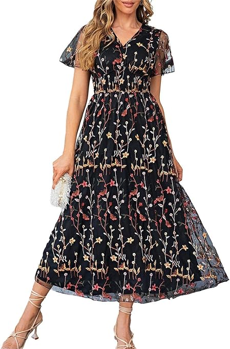 BerryGo Women's Sequin Floral Embroidery Short Sleeve Wedding Party Prom Evening Dress Mother of The Bride Dresses