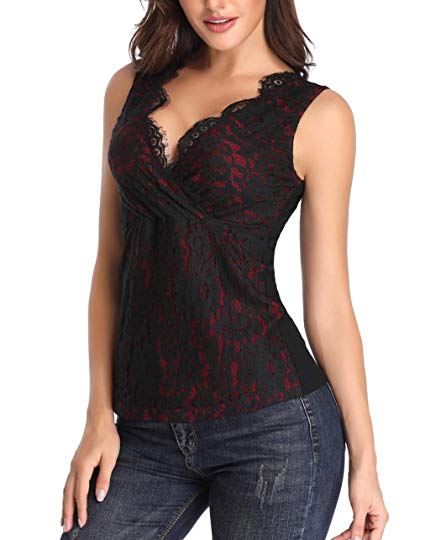 Dilgul Womens Lace Tank Tops Deep V Neck Sexy Sleeveless/Long Sleeve Shirts Blouses