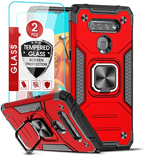 LeYi Compatible with LG K51 Phone Case, LG Reflect Phone Case, LG Q51 Case with Tempered Glass Screen Protector(2PCS), Military-Grade Defender Cover with Rotating Ring Kickstand for LG K51, Red