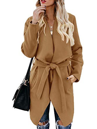 Foshow Women's Wool Blend Coat Wrap Lapel Belted Pea Overcoat Casual Long Sleeve Trench Outwear Jacket with Pockets
