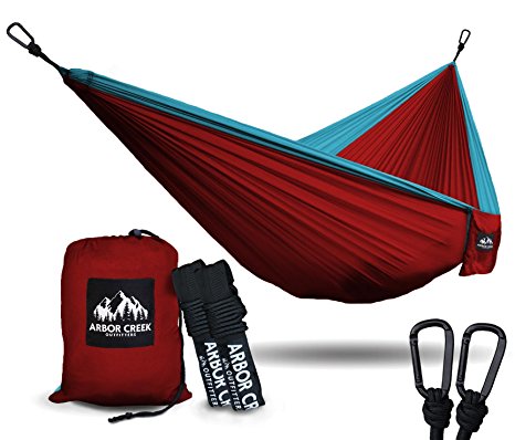 Double Camping Hammock by Arbor Creek Outfitters | Best Hammock "ENO BUTTS OF BEARS" about it | Extremely Durable Nylon/Parachute with Upgraded Clips w/ Tree Friendly Straps