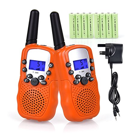 Fetoo 2pcs Kids Walkie Talkies Children Walky Talky 3 KM Long Range PMR446 0.5W 8 Channels VOX Built-in LED Torch Flashlight Toy 2 Way Radios (1 Pair) (with battery and UK charger Orange)