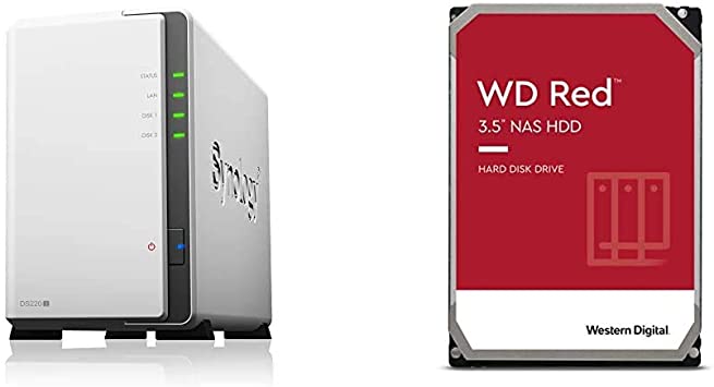 Synology 2 Bay NAS DiskStation DS220j (Diskless), 2-Bay; 512MB DDR4 & Western Digital 4TB WD Red Plus NAS Internal Hard Drive - 5400 RPM Class, SATA 6 Gb/s, CMR, 64 MB Cache, 3.5“ - WD40EFRX