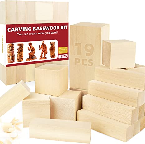 Basswood Carving Blocks, 19Pcs Whittling Wood Blocks Wood Carving Kit with 3 Different Sizes, Bass Wood for Wood Carving Easy to Use, for Kids and Adults