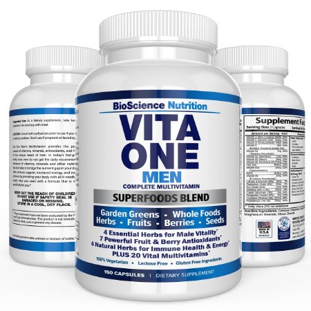 VITA ONE Men's Multivitamin Supplement - Once Daily Superfoods Formula with Whole Foods, Garden Greens, Male Vitality Blend, Antioxidant Fruits Berries Seeds Herbs, Immunity Booster - 150 Capsules