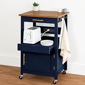 Best Choice Products Rolling Kitchen Island Cart, Single Door Cabinet w/Drawer, Sliding Tray, Hidden Outlet, Hooks, & Lockable Wheels - Midnight Blue