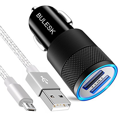 BULESK Car Charger, 24W 4.8A Rapid Dual Port USB Car Adapter with 3FT Micro USB Cable Charging Cord for Samsung Galaxy, Sony, Motorola Nokia,and More - SilverGray
