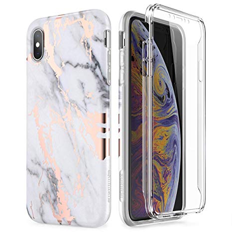 SURITCH Case for iPhone Xs Max, [Built-in Screen Protector] Gold Marble Full-Body Protection Shockproof Rugged Bumper Protective Cover for iPhone Xs Max 6.5 Inch (Gold Marble)