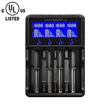 LCD Display UL Listed Speedy Universal Battery Charger, EASTSHINE S4 Smart Charger 4 Slots for Rechargeable Batteries Ni-MH Ni-Cd A AA AAA Li-ion LiFePO4 IMR 10440 14500 16340 RCR123 18490 18650 26650
