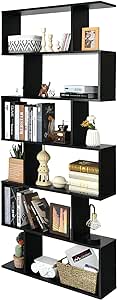 Giantex Geometric Bookcase Black, S-shaped Wooden Bookshelf, 6-Tier Modern Freestanding Decorative Storage Display Shelves for Bedroom, Living Room