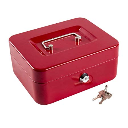 Cash Box with Money Tray,Small Safe Lock Box with Key,Cash Drawer,7.87"x 6.30"x 3.54" Red Medium