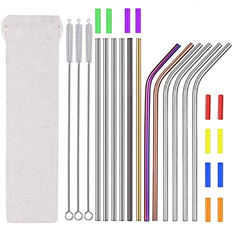 Reusable Stainless Steel Drinking Straws-Multicolor Colorful Metal Drinking Straws 8.5" 10.5" for 20oz 30oz Tumblers Yeti Dishwasher Safe(1 Portable Bag 3 Cleaning Brushes 12 Straws 12 Silicone Tips)