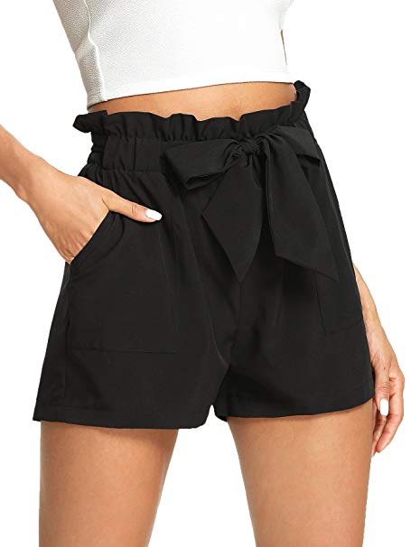 Romwe Women's Casual Elastic Waist Bowknot Summer Shorts Pockets