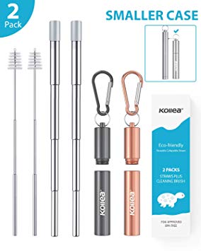 Metal Straws with Case, Kollea Unique 4-joint Design Portable Telescopic Reusable Stainless Steel Metal Straw with Case Keychain and Cleaning Brush - 2 PACK, Grey & Rose Gold