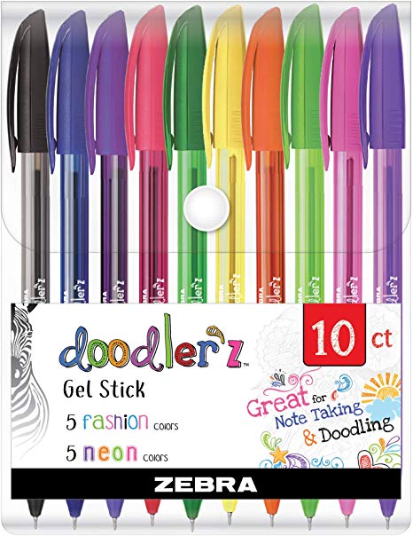 Zebra Pen Doodlerz Gel Stick Pen, Bold Point, 1.0mm, Assorted Neon Colors, 10 Pack