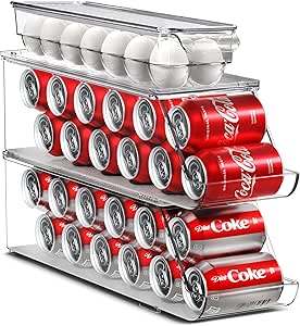 Sorbus Soda Can Organizer for Refrigerator & Egg Holder for Fridge Set, 2 Stackable Can Holder Dispenser Holds 12 Cans Each & 1 Egg Holders with Lid holds 14 eggs for Fridge, Pantry, Freezer, BPA-Free