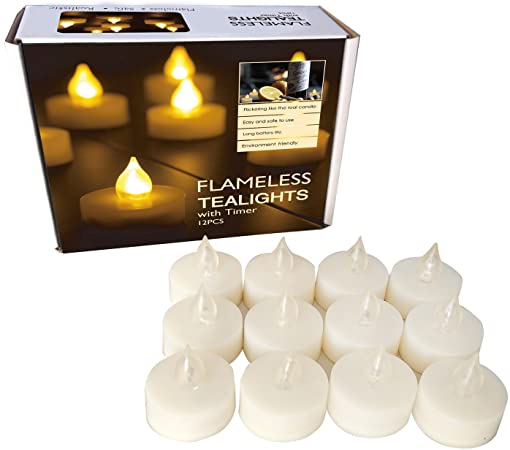 12 Battery Operated Flameless LED Tea Lights with Timer Realistic Flickering Electric Tealight Candles Set Bulk Baptism Wedding Party Decorations Kitchen Home Decor Table Centerpieces Batteries Incl.
