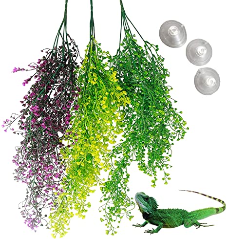 kathson Reptile Plants Hanging Climbing Terrarium Plant Fake Plants for Reptiles Bearded Dragons Lizards Geckos Snake Hermit Crab Tank Habitat Decorations (3 PCS)