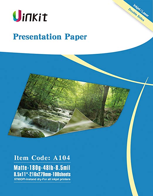 Presentation Paper Double Sides Matte - 100Sheets 8.5x11 Inkjet Photo Paper 8.5Mil 180G For Inkjet Printing Matt Uinkit (A104)