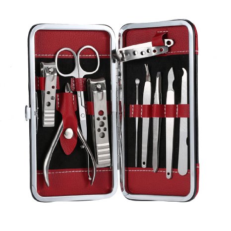 Red Stainless Steel Manicure Pedicure Set Nail-Clippers Cleaner Cuticle Grooming Kit Case 10 in 1