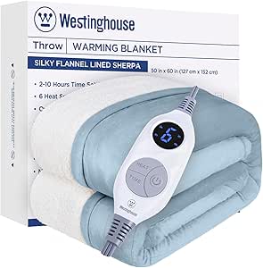 Westinghouse Heated Blanket Full Size, Soft Flannel to Sherpa Electric Blanket with 10 Heating Levels, 12 Hours Auto Off, Fast Heating Warming Blanket Throw, Machine Washable, 50x60 Inch, Light Blue