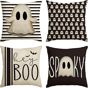 AVOIN colorlife Halloween Hey Boo Cute Ghost Spooky Throw Pillow Covers, 20 x 20 Inch Horror Scary Cushion Case for Sofa Couch Set of 4, Black