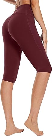 BALEAF Women's Knee Length Cotton Capri Leggings with Pockets, High Waisted Casual Summer Yoga Workout Exercise Pants