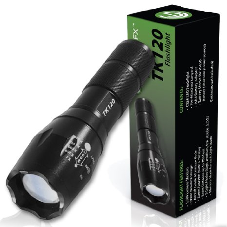 EcoGear FX LED Flashlight TK120 Professional LED Flashlight for Camping Security Tactical and General Use - Offers a Zoom Function 5 Light Modes and a Memory Light Mode Batteries Not Included