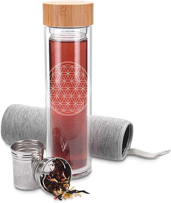 Navaris Glass Water Bottle with Tea Infuser - Double Walled Borosilicate Glass Travel Tumbler with Bamboo Lid - 15.2oz (450ml), Flower of Life Design