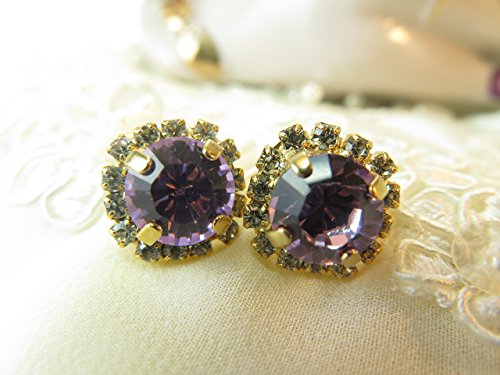 Amethyst Swarovski Elements Crystals 14k Gold Plated with crystal clear surround stones