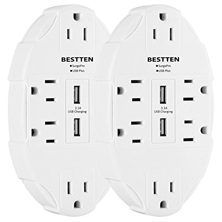 [2 Pack] Bestten 6-Outlet Wall Mount Surge Protector with 2 USB Charging Ports (2.4A/Port, 3.1A Shared ), ETL Certified