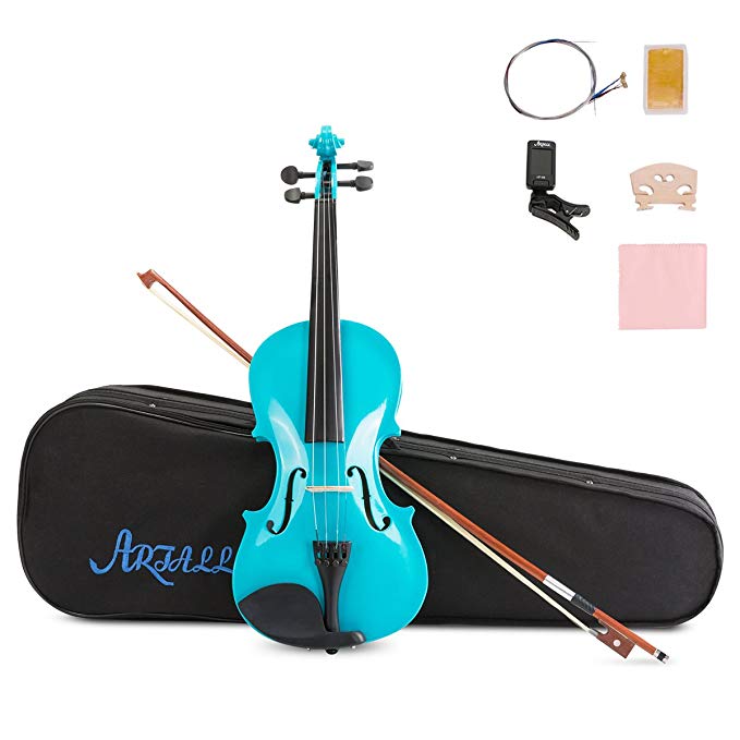 ARTALL 4/4 Handmade Student Acoustic Violin Beginner Pack with Bow, Hard Case, Chin Rest, Tuner, Spare Strings, Rosin and Bridge, Glossy Blue