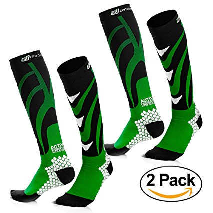 Active Fit Compression Socks (Men & Women) - Designer Athletic Fit For Running, Cycling, Nurses, Flight Travel, Maternity - Stamina & Recovery | Green & Black - Men's M / Women's L (2 PACK)