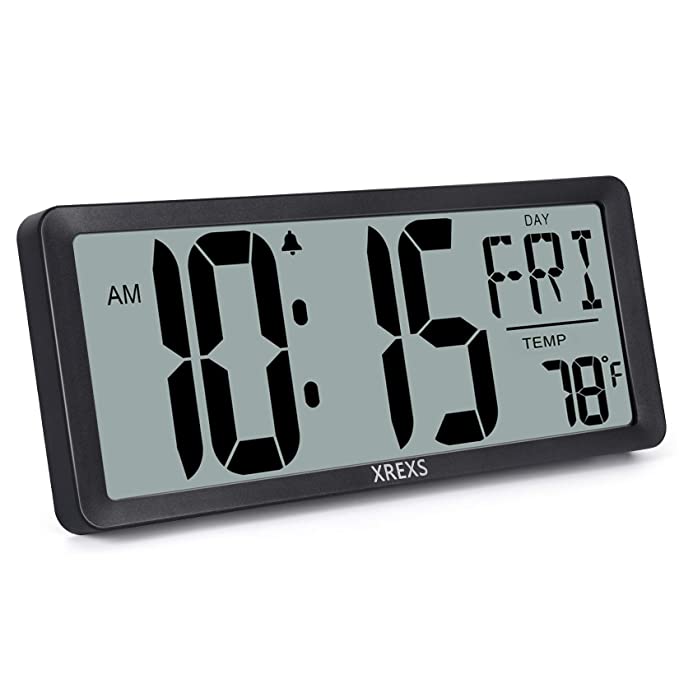 XREXS Large Digital Wall Clock, Battery Operated Alarm Clocks for Bedroom Home Decor, Count Up & Down Timer, 14.17 Inch Large LCD Screen with Time/Calendar/Temperature Display (Batteries Included)