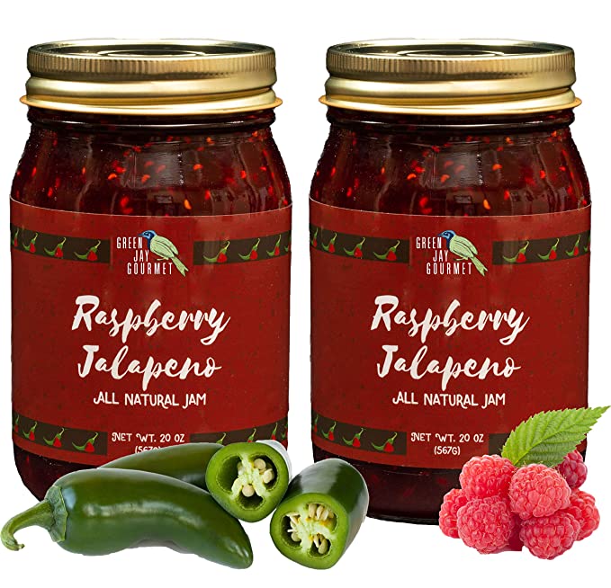 Green Jay Gourmet Raspberry Jalapeno Jam - All-Natural Raspberry Jam with Red Raspberries, Jalapeno Peppers & Lemon Juice - Vegan, Gluten-free Jam with No Preservatives - Made in USA - 2 x 20 Ounces