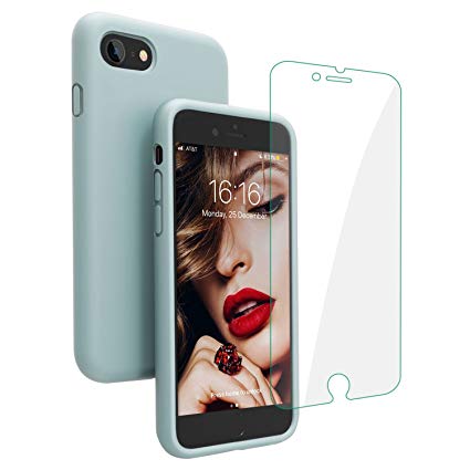 JASBON iPhone 8 Case, iPhone 7 Case, Liquide Silicone Phone Case with Free Tempered Screen Gel Rubber Soft Touch Cover Full Protective Case for iPhone 8 iPhone 7-Mint Green