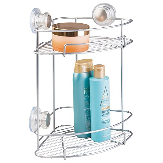 mDesign Turn-N-Lock Suction Bathroom Shower Caddy Corner Basket for Shampoo, Conditioner, Soap - 2 Tiers, Silver