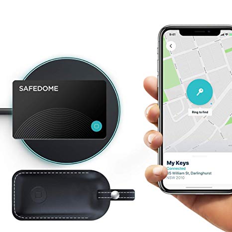 Safedome Rechargeable Bluetooth Tracker Card and Premium Leather Key Finder with Complimentary Wireless Charging Pad. Perfect to Place in Your Wallet, On Your Keys and Backpack.