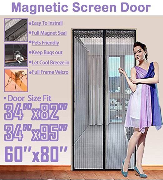 TheFitLife 62''x81'' Magnetic Screen Door Fits doors up to 60''x80'' Max Full Frame Velcro Heavy Duty Mesh