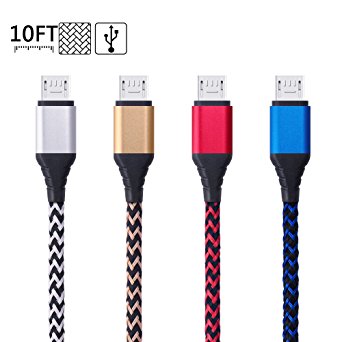 Android Charger 10FT, HUHUTA 4Pack Durable Nylon Braided USB 2.0 to Micro USB Cable High Charging Speed Cord for Android, Samsung Galaxy S7 S6 edge, note 5 4, Motorola, Nexus, LG, PS4 and more
