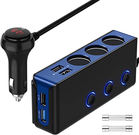 [Updated Version]QUICK CHARGE 3.0 Cigarette Lighter Adapter, 3 Sockets 4 USB Ports Power Splitter, 180W 12V/24V Independent Switches LED Voltage Display, Upgraded Main Switch Car Charger-Blue