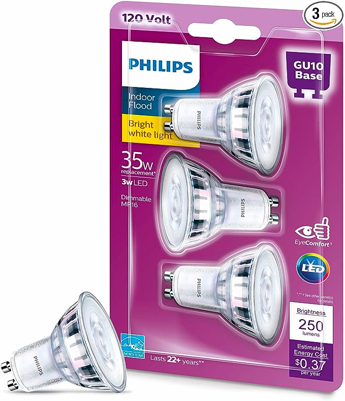 PHILIPS LED Flicker-Free GU10 Bulb, 250 Lumen, Bright White Light (3000K), 3W=35W, Title 20 Certified, 3-Pack