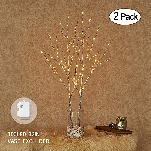 Hairui Tabletop Lighted Silver Willow Branch Decor with Dew Drop Lights 32in 100LED, Pre-lit Twig Branch Lights Battery Powered for Indoor outdoor Home Christmas Garden Party Wedding Decoration 2 Pack