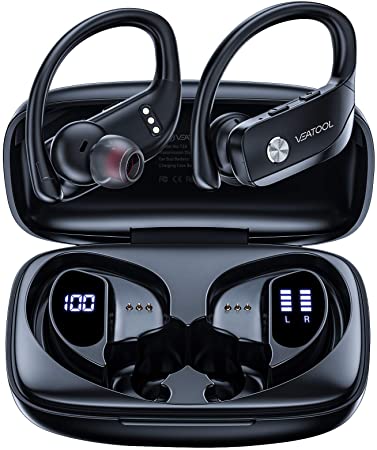 VEATOOL Wireless Earbuds Bluetooth Headphones 48hrs Playtime Sport Earphones with LED Display TWS Stereo Deep Bass Ear Buds with Earhooks Waterproof in-Ear Built-in Mic Headset for Running Workout