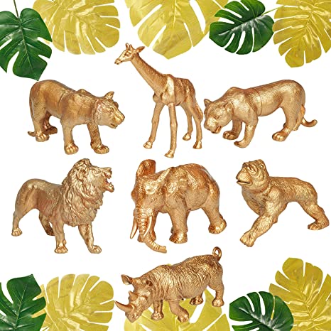 17 Pcs Safari Animal Birthday Centerpiece Jungle Gold Wild Animals Figurines Cake Topper and Palm Leaves Set for Jungle Safari Baby Shower Decorations Theme Party Supplies