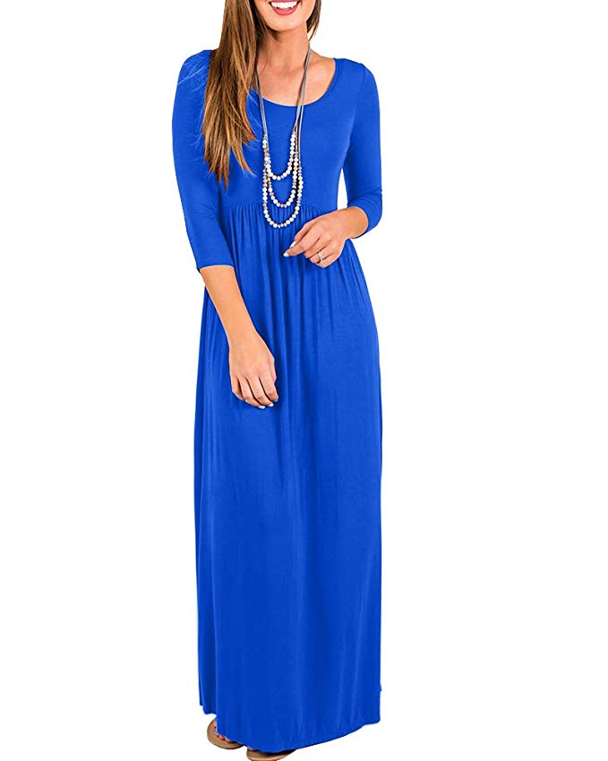 Karlywindow Womens Maxi Dresses 3/4 Sleeve Casual Sexy Solid Plain Loose Long Dress