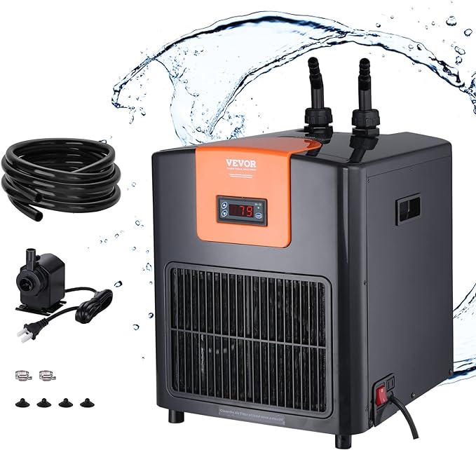 VEVOR Aquarium Chiller, 92 Gal 348 L, 1/4 HP Hydroponic Water Chiller, Quiet Refrigeration Compressor for Seawater and Fresh Water, Fish Tank Cooling System with Pump/Hose, for Jellyfish, Coral Reef